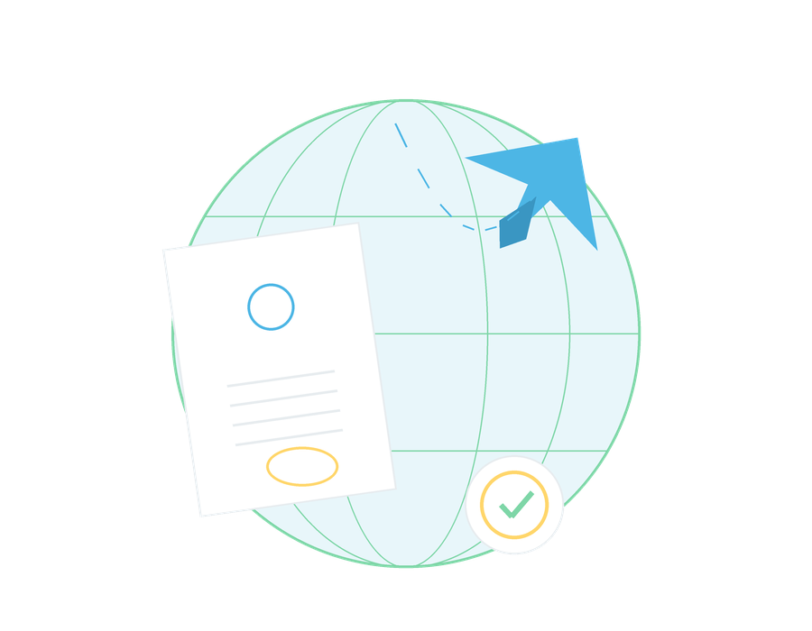 Illustration showing a passport, world map globe, and airplane representing visa and air ticket services